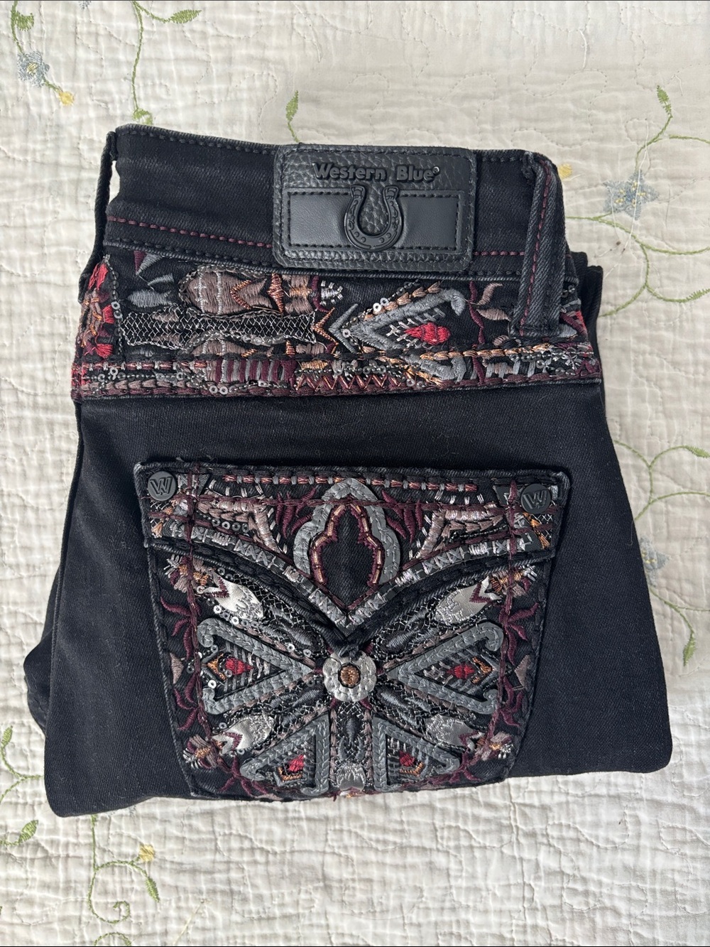 Western Blue Embellished Bootcut Jeans Y2K Black Embroidered Size 5